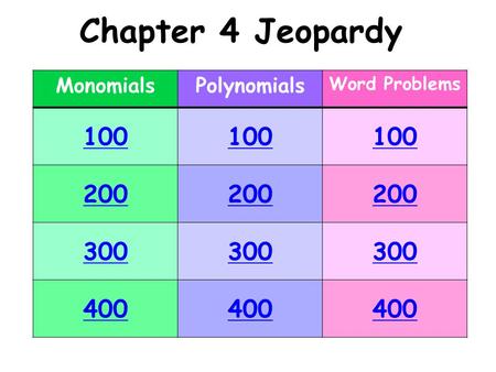 MonomialsPolynomials Word Problems 100 200 300 400 Chapter 4 Jeopardy.