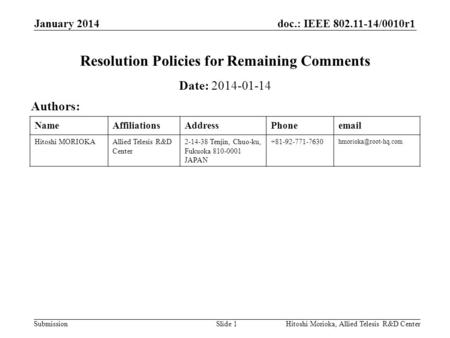 Doc.: IEEE 802.11-14/0010r1 Submission NameAffiliationsAddressPhoneemail Hitoshi MORIOKAAllied Telesis R&D Center 2-14-38 Tenjin, Chuo-ku, Fukuoka 810-0001.