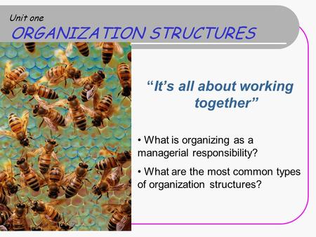 Unit one ORGANIZATION STRUCTURES “It’s all about working together” What is organizing as a managerial responsibility? What are the most common types of.