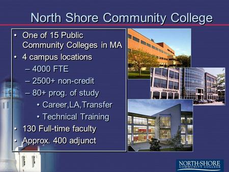 North Shore Community College One of 15 Public Community Colleges in MA 4 campus locations –4000 FTE –2500+ non-credit –80+ prog. of study Career,LA,Transfer.