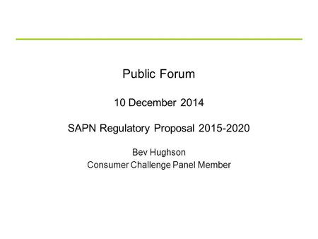 Public Forum 10 December 2014 SAPN Regulatory Proposal 2015-2020 Bev Hughson Consumer Challenge Panel Member.