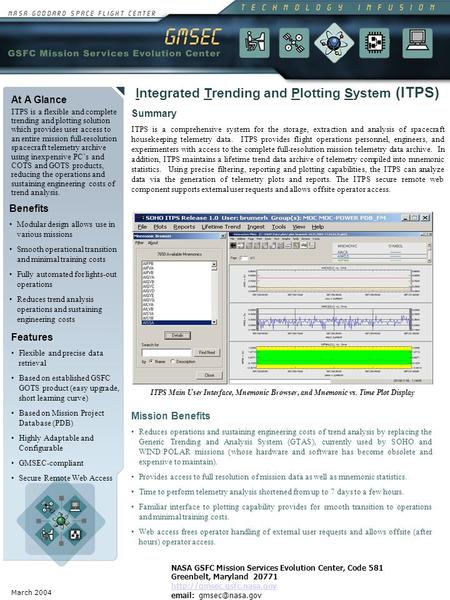 March 2004 At A Glance ITPS is a flexible and complete trending and plotting solution which provides user access to an entire mission full-resolution spacecraft.