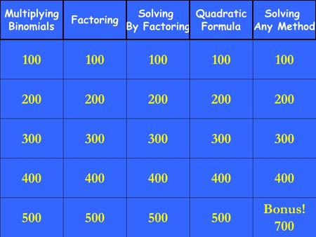 200 300 400 500 100 200 300 400 500 100 200 300 400 500 100 200 300 400 500 100 200 300 400 Bonus! 700 100 Multiplying Binomials Factoring Solving By Factoring.