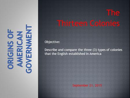 The Thirteen Colonies September 21, 2015 Objective: Describe and compare the three (3) types of colonies that the English established in America.