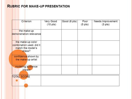 R UBRIC FOR MAKE - UP PRESENTATION TOTAL SCORE. M ATERIALS TO B RING : - Cleanser - Foundation - Toner - Press Powder - Moisturizer - Eye Shadow - Cheek.