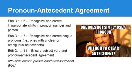 Pronoun-Antecedent Agreement E08.D.1.1.6 -- Recognize and correct inappropriate shifts in pronoun number and person E08.D.1.1.7 -- Recognize and correct.