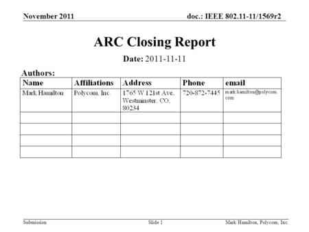 November 2011doc.: IEEE 802.11-11/1569r2 SubmissionMark Hamilton, Polycom, Inc.Slide 1 ARC Closing Report Date: 2011-11-11 Authors: