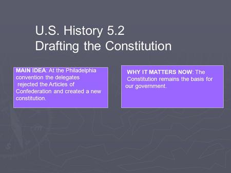 U.S. History 5.2 Drafting the Constitution MAIN IDEA: At the Philadelphia convention the delegates rejected the Articles of Confederation and created a.