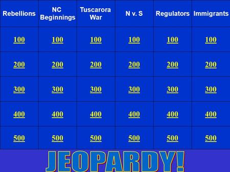 Rebellions NC Beginnings Tuscarora War N v. SRegulatorsImmigrants 100 200 300 400 500 100 200 300 400 500 200 300 400 500 200 300 400 500 200 300 400.