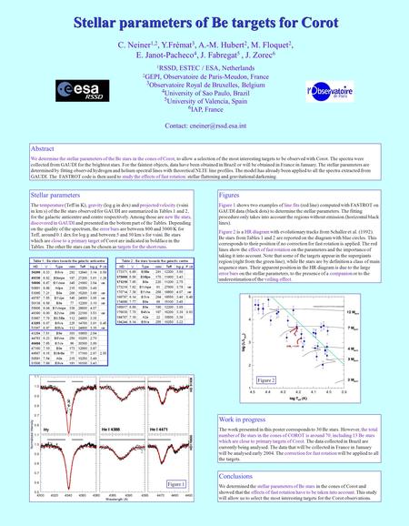 Stellar parameters of Be targets for Corot C. Neiner 1,2, Y.Frémat 3, A.-M. Hubert 2, M. Floquet 2, E. Janot-Pacheco 4, J. Fabregat 5, J. Zorec 6 1 RSSD,