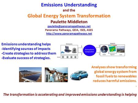 Emissions Understanding and the Global Energy System Transformation Paulette Middleton Panorama Pathways, GEIA, ISES, ASES.