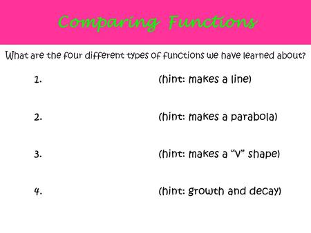 What are the four different types of functions we have learned about?