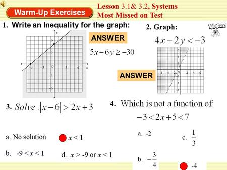 1. 2. Graph: Lesson 3.1& 3.2, Systems Most Missed on Test Write an Inequality for the graph: 3. ANSWER 4. ANSWER.