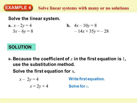 EXAMPLE 4 Solve linear systems with many or no solutions Solve the linear system. a.x – 2y = 4 3x – 6y = 8 b.4x – 10y = 8 – 14x + 35y = – 28 SOLUTION a.