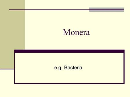 E.g. Bacteria Monera. Learning Objectives Name 3 types of bacterial cell Explain reproduction of bacteria Explain nutrition of bacteria State the factors.