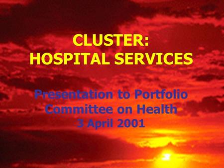 CLUSTER: HOSPITAL SERVICES Presentation to Portfolio Committee on Health 3 April 2001.