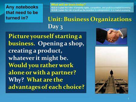 1 Any notebooks that need to be turned in? What will we learn today? What will we learn today? 12.2.3 Explain the roles of property rights, competition,