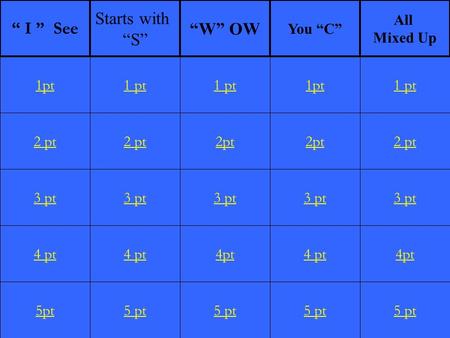 2 pt 3 pt 4 pt 5pt 1 pt 2 pt 3 pt 4 pt 5 pt 1 pt 2pt 3 pt 4pt 5 pt 1pt 2pt 3 pt 4 pt 5 pt 1 pt 2 pt 3 pt 4pt 5 pt 1pt “ I ” See Starts with “S” “W” OW.