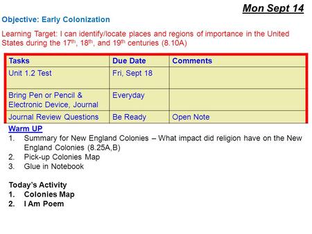 Mon Sept 14 Warm UP 1.Summary for New England Colonies – What impact did religion have on the New England Colonies (8.25A,B) 2.Pick-up Colonies Map 3.Glue.