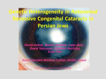 Genetic Heterogeneity in Autosomal Recessive Congenital Cataracts in Persian Jews David Zadok, Yaakov Goldich, Isaac Avni, David Varssano, Vladimir Rozitsky,