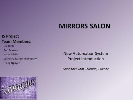 IS Project Team Members: Gia Dinh Ann Massey Varun Matta Susmitha Narasimhamurthy Giang Nguyen MIRRORS SALON New Automation System Project Introduction.