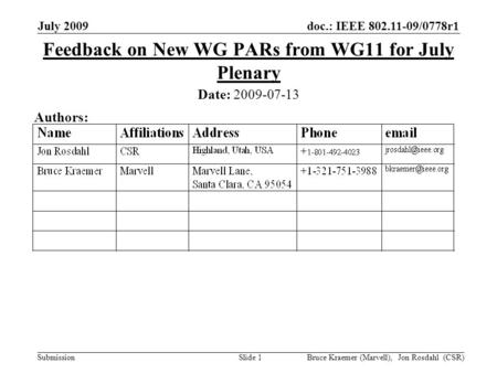 Doc.: IEEE 802.11-09/0778r1 Submission July 2009 Bruce Kraemer (Marvell), Jon Rosdahl (CSR)Slide 1 Feedback on New WG PARs from WG11 for July Plenary Date: