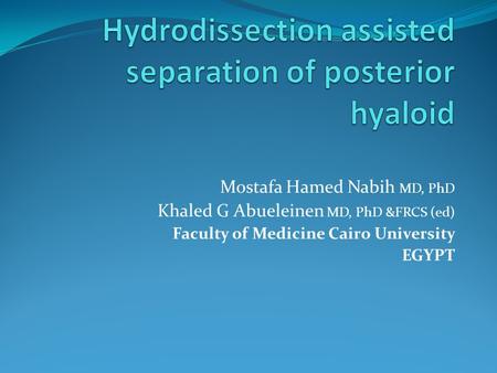 Mostafa Hamed Nabih MD, PhD Khaled G Abueleinen MD, PhD &FRCS (ed) Faculty of Medicine Cairo University EGYPT.