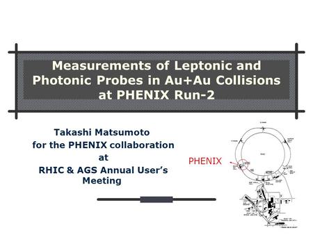 1 Measurements of Leptonic and Photonic Probes in Au+Au Collisions at PHENIX Run-2 Takashi Matsumoto for the PHENIX collaboration at RHIC & AGS Annual.