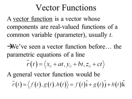 Vector Functions A vector function is a vector whose components are real-valued functions of a common variable (parameter), usually t.  We’ve seen a vector.