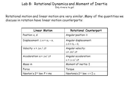 Lab 8: Rotational Dynamics and Moment of Inertia Only 4 more to go!! Rotational motion and linear motion are very similar. Many of the quantities we discuss.