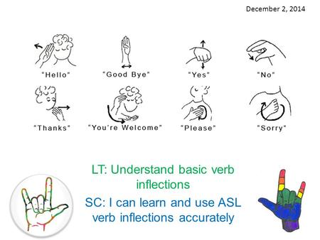 LT: Understand basic verb inflections SC: I can learn and use ASL verb inflections accurately December 2, 2014.