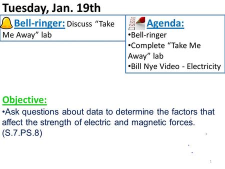 Tuesday, Jan. 19th 1 Bell-ringer: Discuss “Take Me Away” lab Agenda: Bell-ringer Complete “Take Me Away” lab Bill Nye Video - Electricity Ask questions.