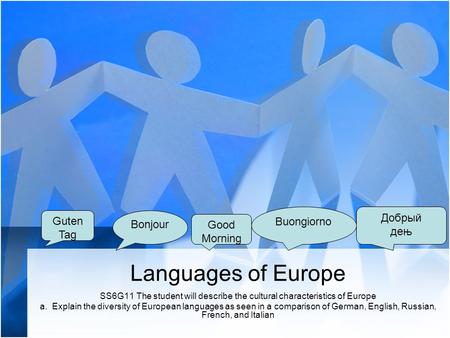 Languages of Europe SS6G11 The student will describe the cultural characteristics of Europe a. Explain the diversity of European languages as seen in a.