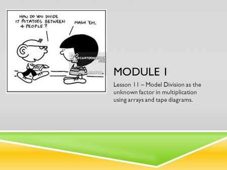 MODULE 1 Lesson 11 – Model Division as the unknown factor in multiplication using arrays and tape diagrams.