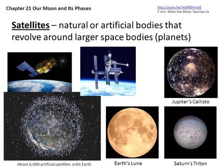 Satellites – natural or artificial bodies that revolve around larger space bodies (planets) Chapter 21 Our Moon and Its Phases About 6,000 artificial satellites.