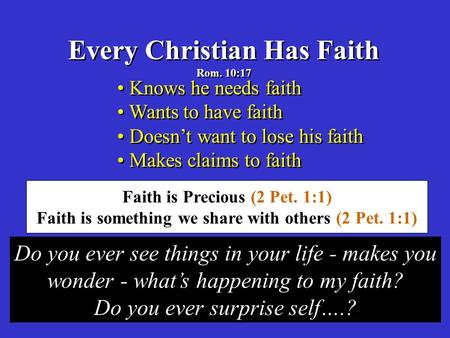 Every Christian Has Faith Rom. 10:17 Every Christian Has Faith Rom. 10:17 Knows he needs faith Wants to have faith Doesn’t want to lose his faith Makes.