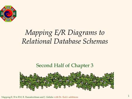 Mapping E/R to RM, R. Ramakrishnan and J. Gehrke with Dr. Eick’s additions 1 Mapping E/R Diagrams to Relational Database Schemas Second Half of Chapter.