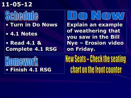 Turn in Do Nows Turn in Do Nows 4.1 Notes 4.1 Notes Read 4.1 & Complete 4.1 RSG Read 4.1 & Complete 4.1 RSG Explain an example of weathering that you saw.