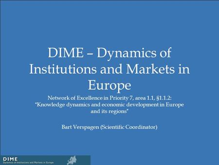 DIME – Dynamics of Institutions and Markets in Europe Network of Excellence in Priority 7, area 1.1, §1.1.2: “ Knowledge dynamics and economic development.