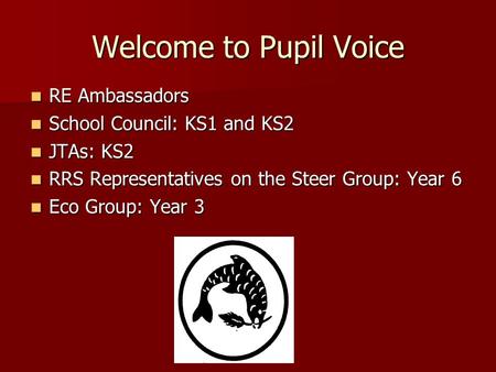 Welcome to Pupil Voice RE Ambassadors RE Ambassadors School Council: KS1 and KS2 School Council: KS1 and KS2 JTAs: KS2 JTAs: KS2 RRS Representatives on.