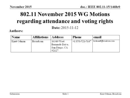 Doc.: IEEE 802.11-15/1468r0 Submission November 2015 802.11 November 2015 WG Motions regarding attendance and voting rights Date: 2015-11-12 Authors: Knut.