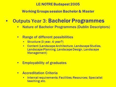 LE:NOTRE Budapest 2005 Working Groups session Bachelor & Master Outputs Year 3: Bachelor Programmes Nature of Bachelor Programmes (Dublin Descriptors)