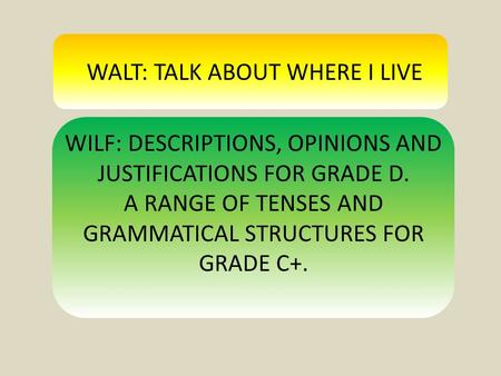 WALT: TALK ABOUT WHERE I LIVE WILF: DESCRIPTIONS, OPINIONS AND JUSTIFICATIONS FOR GRADE D. A RANGE OF TENSES AND GRAMMATICAL STRUCTURES FOR GRADE C+.