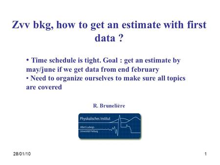 28/01/101 Zvv bkg, how to get an estimate with first data ? R. Brunelière Time schedule is tight. Goal : get an estimate by may/june if we get data from.