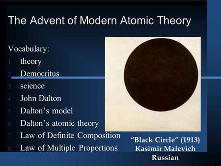 The Advent of Modern Atomic Theory Vocabulary: 1. theory 2. Democritus 3. science 4. John Dalton 5. Dalton’s model 6. Dalton’s atomic theory 7. Law of.