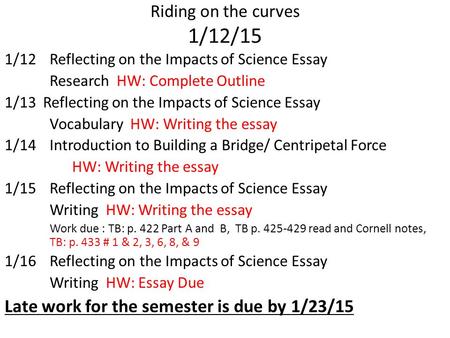 Riding on the curves 1/12/15 1/12Reflecting on the Impacts of Science Essay Research HW: Complete Outline 1/13 Reflecting on the Impacts of Science Essay.