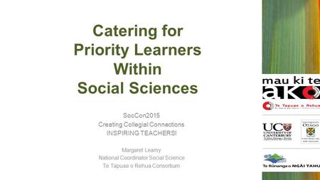 SocCon2015 Creating Collegial Connections INSPIRING TEACHERS! Margaret Leamy National Coordinator Social Science Te Tapuae o Rehua Consortium Catering.