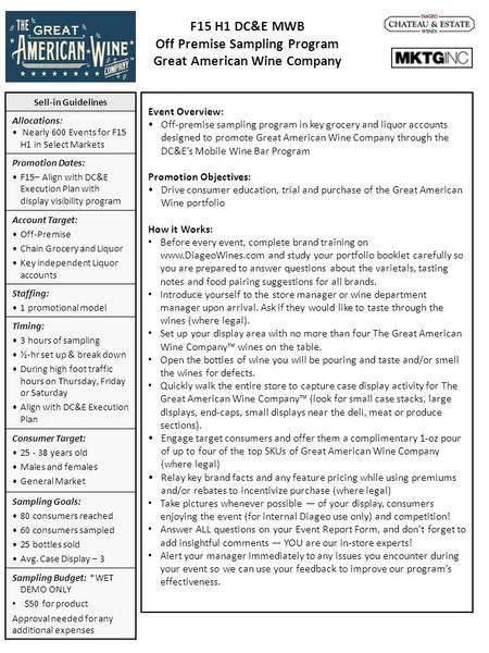 F15 H1 DC&E MWB Off Premise Sampling Program Great American Wine Company Sell-in Guidelines Allocations: Nearly 600 Events for F15 H1 in Select Markets.