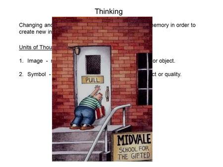 Changing and reorganizing the information stored in memory in order to create new information. Thinking Units of Thought 1.Image - mental representation.