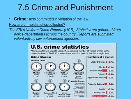 7.5 Crime and Punishment Crime: acts committed in violation of the law. How are crime statistics collected? The FBI’s Uniform Crime Reports (UCR). Statistics.